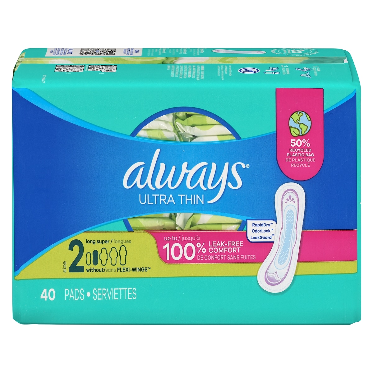 Always Serviettes féminines Ultra minces, longues, degré d’absorption super, sans ailes, pour femmes, taille 2, non parfumées, 40 serviettes 40 ea, 0,35 $/1ch