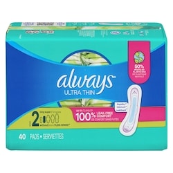 Always Serviettes féminines Ultra minces, longues, degré d’absorption super, sans ailes, pour femmes, taille 2, non parfumées, 40 serviettes 40 ea, 0,30 $/1ch