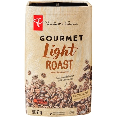 President's Choice Gourmet Light Roast Whole Bean Coffee 907 g, $2.21/100g