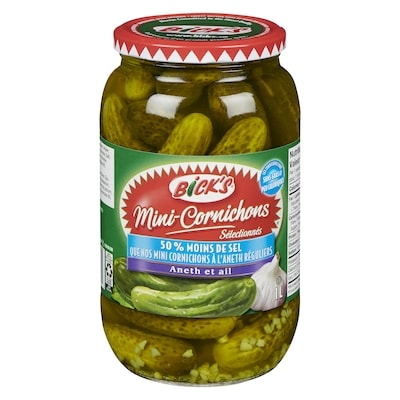 Bick’s Mini-cornichons sélectionnés aneth et ail moins de sel 1 l, 0,70 $/100ml