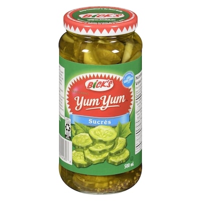 Bick’s Yum yum cornichons sucrés 500 ml, 1,24 $/100ml