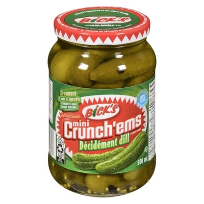 Bick’s Mini crunch'ems sélectionnés cornichons décidément dill 500 ml, 1,20 $/100ml