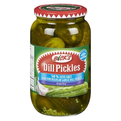 Bicks Dill Pickles 50 % Less Salt Garlic 1 l, $0.70/100ml