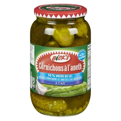 Bick’s Cornichons à l'aneth 50 % moins de sel à l'ail 1 l, 0,70 $/100ml