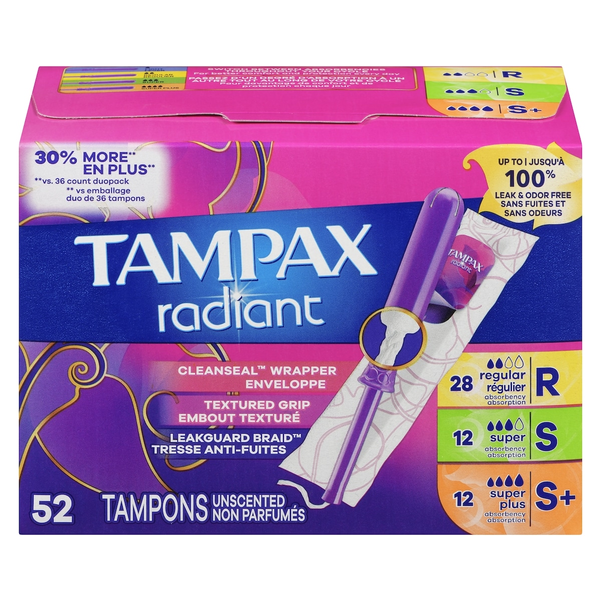 Tampax Radiant Tampons Multipack, with LeakGuard Braid, Regular/Super/Super Plus Absorbency, Unscented, 52 Count 52 ea, $0.42/1ea