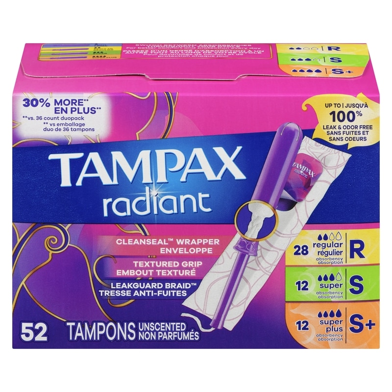 Radiant Tampons Multipack, with LeakGuard Braid, Regular/Super/Super Plus Absorbency, Unscented, 52 Count