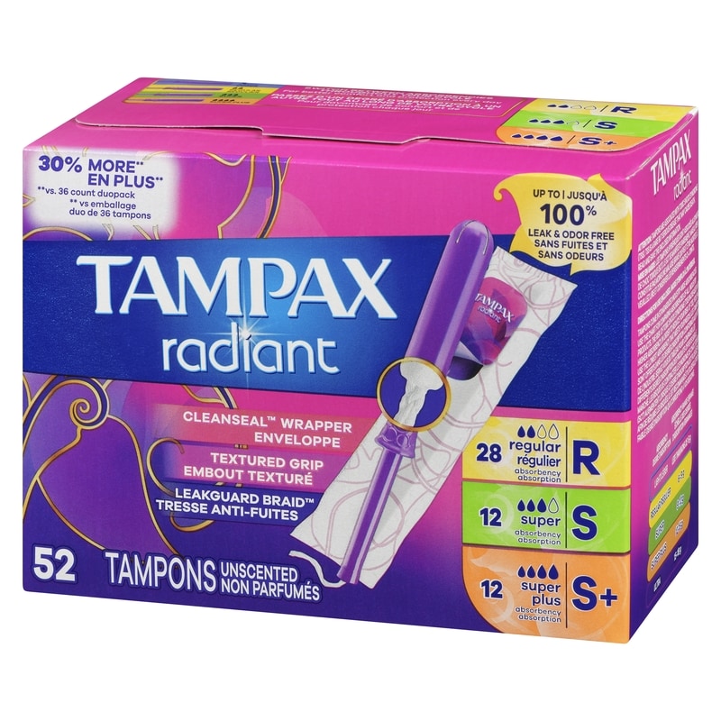 Radiant Tampons Multipack, with LeakGuard Braid, Regular/Super/Super Plus Absorbency, Unscented, 52 Count