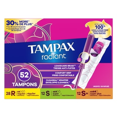 Tampax Tampons Radiant, avec tresse anti-fuites LeakGuard, régulier/super/super plus, emballage multiple, marque de tampon n° 1, 52 tampons 52 ea, 0,40 $/1ch