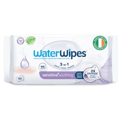 WaterWipes Sensitive+ Soothing Clean Wipes, 3-en-1 nettoie, soigne, apaise, 99 % d'eau avec extraits botaniques, non parfumées, 360 unités 60 ea, 0,10 $/1ch