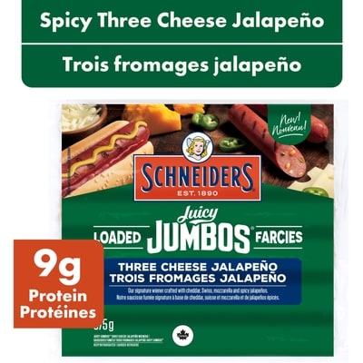 Schneiders Juicy Jumbos Loaded Three Cheese Jalapeno Hot Dogs 375 g, $2.67/100g