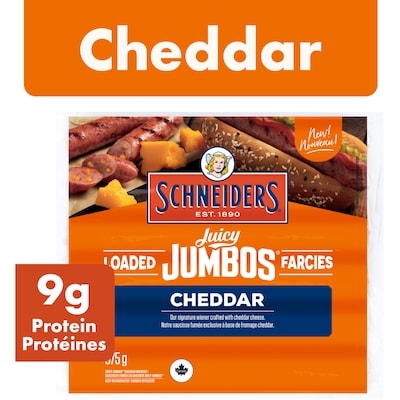 Schneiders Juicy Jumbos Loaded Cheddar Hot Dogs 375 g, $2.67/100g