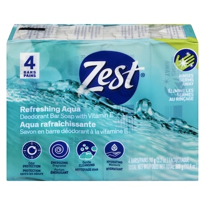 Zest Savon en barre déodorant à la vitamine e aqua rafraîchissante 4x90.0 g, 1,11 $/100g