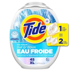 Tide Capsules de détergent à lessive PODS Pur et doux Eau froide, capsules de détergent à lessive hypoallergénique, 45 capsules 45 ea, 0,62 $/1ch