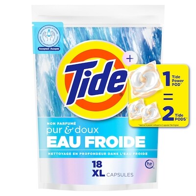 Tide Capsules de détergent à lessive PODS Pur et doux Eau froide, capsules de détergent à lessive hypoallergénique, 18 capsules 18 ea, 0,67 $/1ch