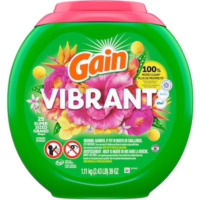 Gain Capsules de détergent à lessive Flings grande taille, 3 en 1 avec et Oxi, parfum Vibrant, 25 capsules 25 ea, 0,68 $/1ch