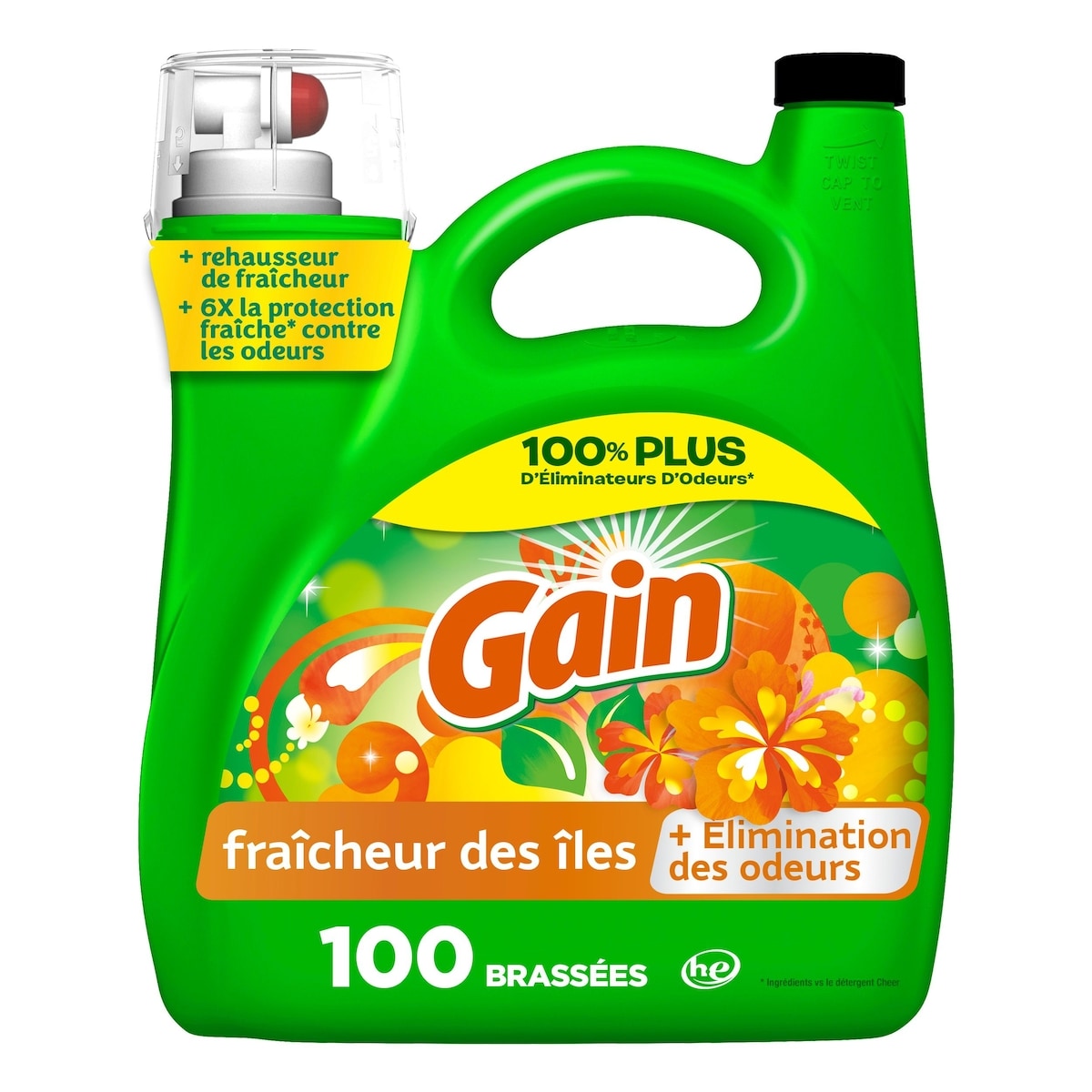 Gain Détergent à lessive liquide, parfum Fraîcheur des îles , 100 brassées, fraîcheur et élimination des odeurs, détergent à lessive liquide, compatible avec les laveuses HE 4.25 l, 0,38 $/100ml