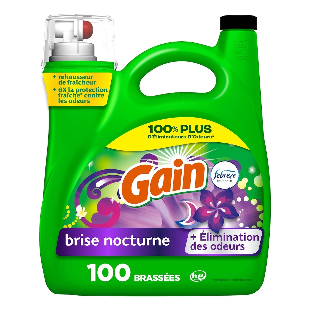 Gain Détergent à lessive liquide, parfum Brise nocturne, 4,26 L (144 oz liq.), 100 brassées, fraîcheur et élimination des odeurs, détergent à lessive liquide, compatible avec les laveuses HE 4.25 l, 0,49 $/100ml