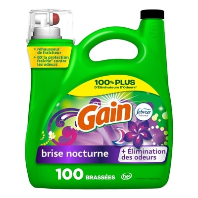 Gain Détergent à lessive liquide, parfum Brise nocturne, 4,26 L (144 oz liq.), 100 brassées, fraîcheur et élimination des odeurs, détergent à lessive liquide, compatible avec les laveuses HE 4.25 l, 0,47 $/100ml
