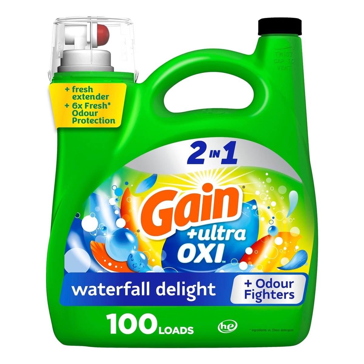 Gain Ultra Oxi Liquid Laundry Detergent, Waterfall Delight Scent, 100 loads, Laundry Detergent Liquid Soap, HE compatible 4.25 l, $0.38/100ml