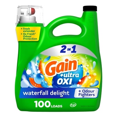 Gain Ultra Oxi Liquid Laundry Detergent, Waterfall Delight Scent, 100 loads, Laundry Detergent Liquid Soap, HE compatible 4.25 l, $0.47/100ml