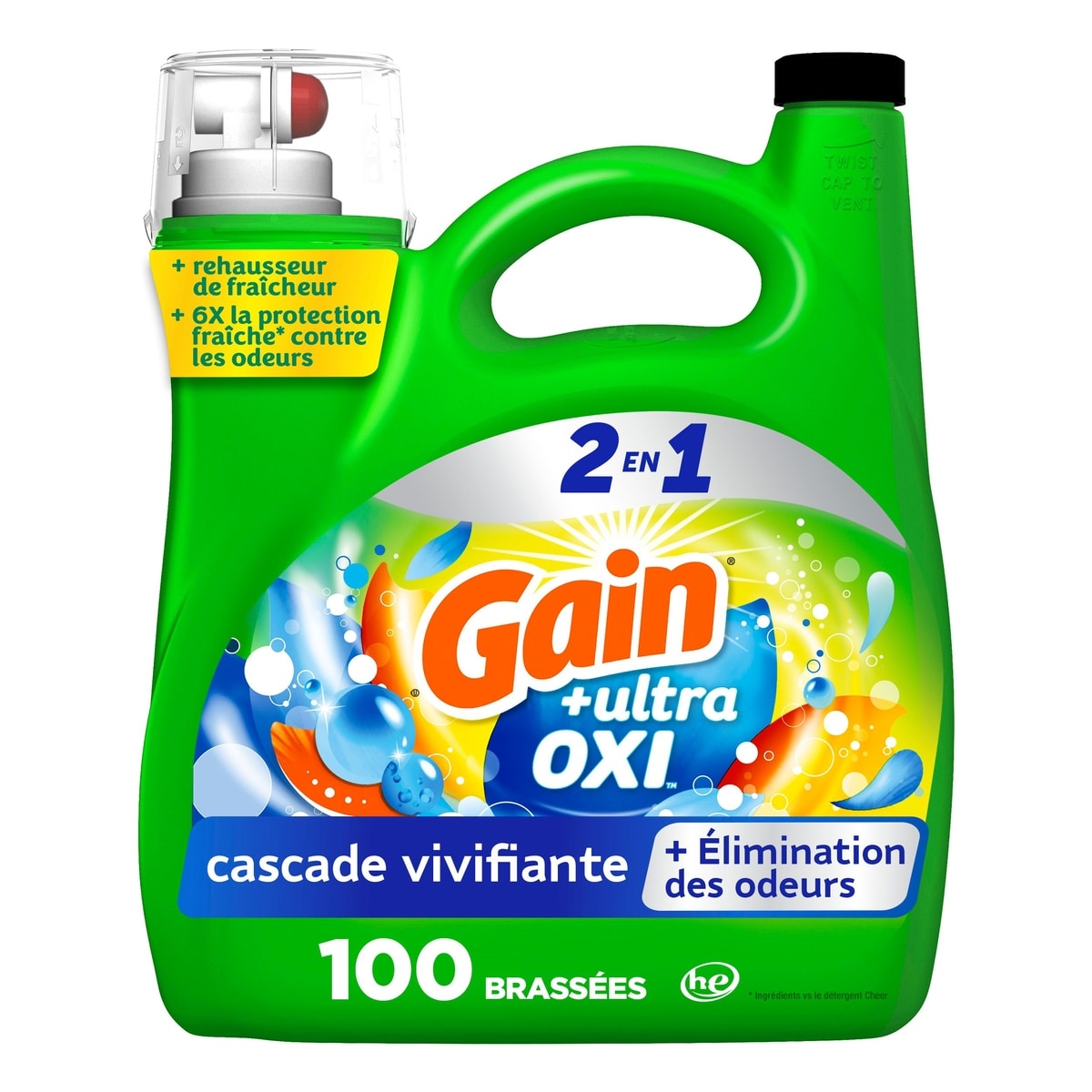 Gain Détergent à lessive liquide Ultra Oxi, parfum vivifiante, 4,26 L (144 oz liq.), 100 brassées, détergent à lessive liquide, compatible avec les laveuses HE 4.25 l, 0,38 $/100ml