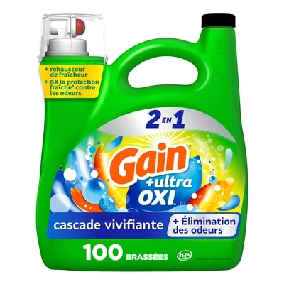 Gain Détergent à lessive liquide Ultra Oxi, parfum vivifiante, 4,26 L (144 oz liq.), 100 brassées, détergent à lessive liquide, compatible avec les laveuses HE 4.25 l, 0,47 $/100ml