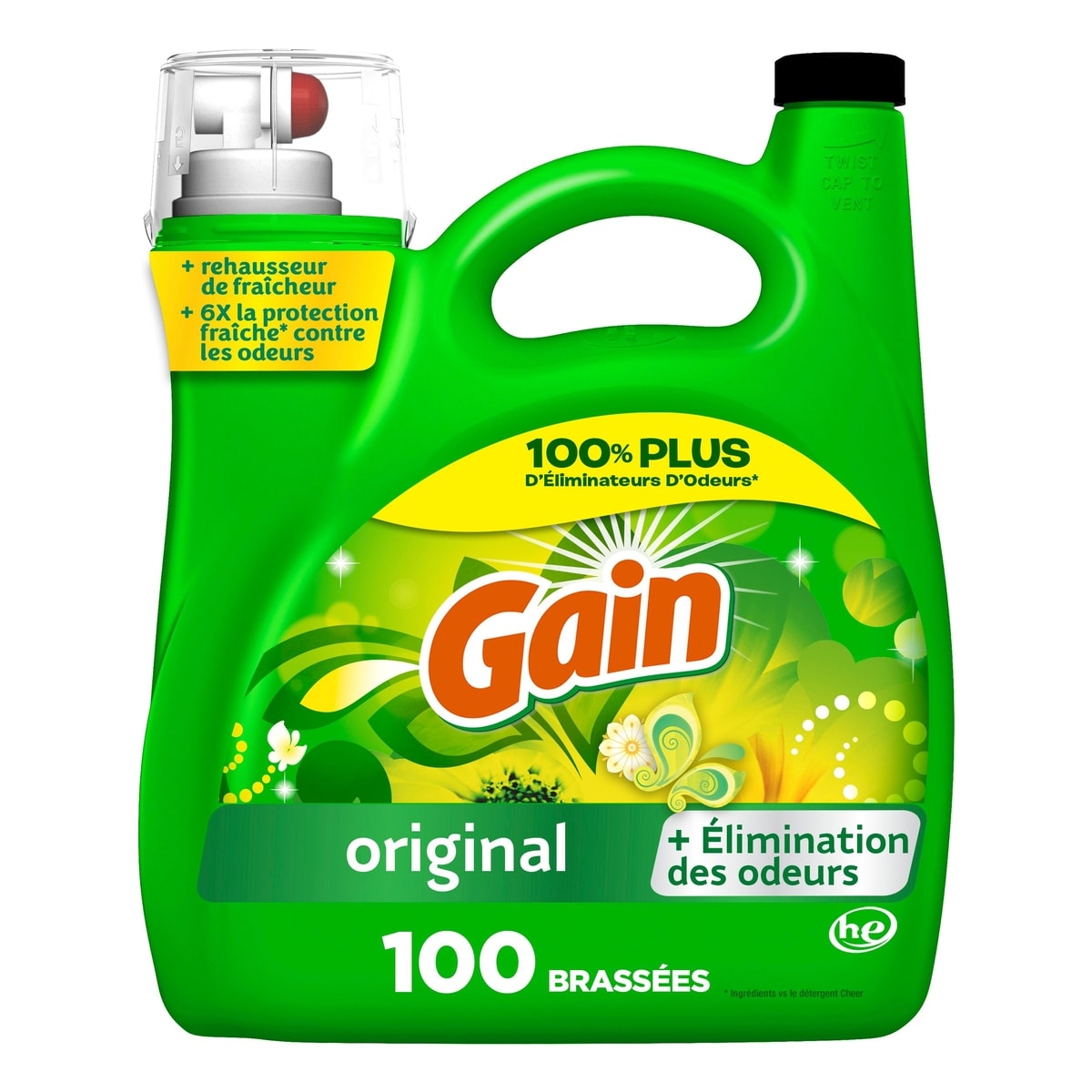 Gain Détergent à lessive liquide, parfum Original, 4,26 L (144 oz liq.), 100 brassées, fraîcheur et élimination des odeurs, détergent à lessive liquide, compatible avec les laveuses HE 4.25 l, 0,49 $/100ml