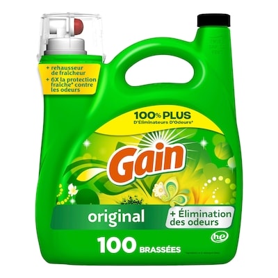 Gain Détergent à lessive liquide, parfum Original, 4,26 L (144 oz liq.), 100 brassées, fraîcheur et élimination des odeurs, détergent à lessive liquide, compatible avec les laveuses HE 4.25 l, 0,47 $/100ml