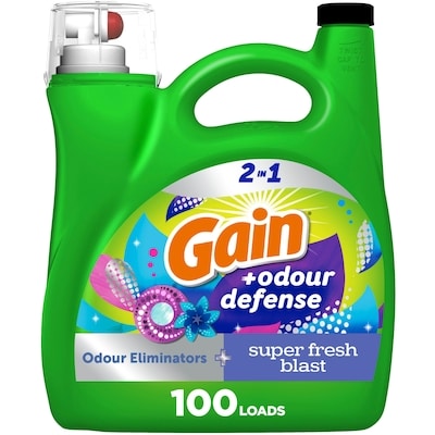 Gain Odour Defense Liquid Laundry Detergent, Super Fresh Blast Scent, 100 loads, 2 in 1, Laundry Detergent Liquid Soap, HE compatible 4.25 l, $0.47/100ml
