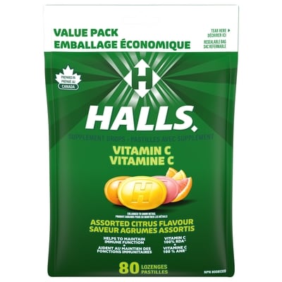 Halls Vitamin C Assorted Citrus Flavour Supplement Drop Lozenges 80 ea, $0.14/1ea