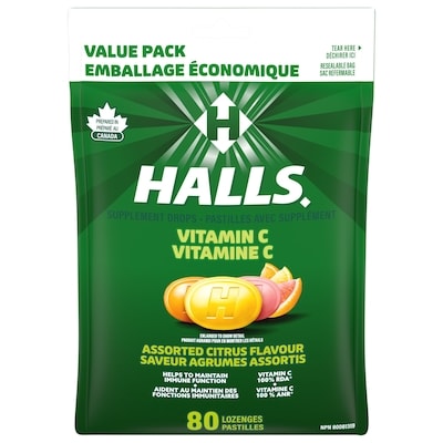 Halls Pastilles avec supplément de vitamine C à saveur d’agrumes assortis 80 ea, 0,14 $/1ch