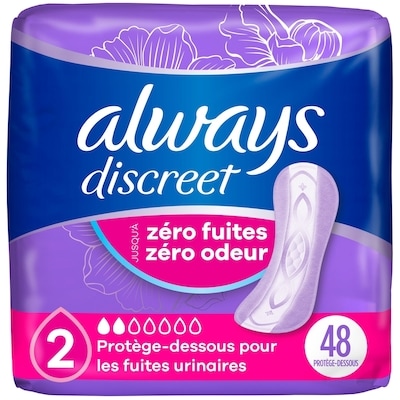 Always Protège-dessous d’incontinence pour les fuites urinaires, degré d’absorption très léger, taille2, 48 protège-dessous 48 ea, 0,17 $/1ch