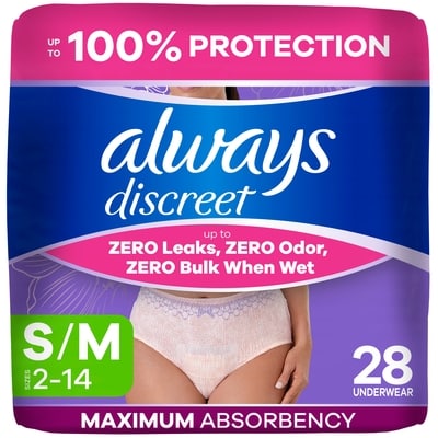 Always Adult Incontinence Underwear for Women and Postpartum Underwear, S/M, Up to 100% Bladder Leak Protection, 28 CT 28 ea, $1.25/1ea
