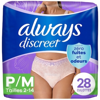 Always Culottes d’incontinence et de post-partum pour adultes, protègent jusqu’à 100 % contre les fuites urinaires, pour femmes, taille P/M, 28 culottes 28 ea, 1,23 $/1ch