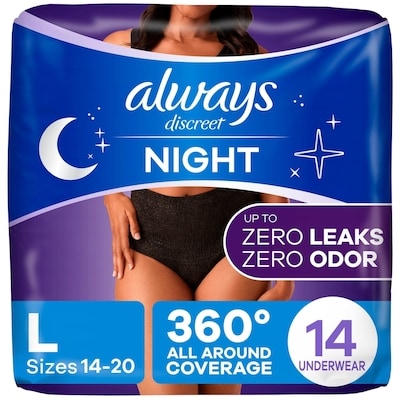 Always Adult Incontinence Overnight Underwear For Women, L, Up To 100% Bladder Leak Protection, 14 Ct 14 ea, $1.79/1ea