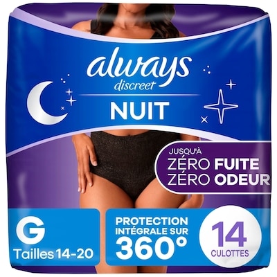 Always Culottes d’incontinence de nuit pour adultes, pour femmes, protègent jusqu’à 100 % contre les fuites urinaires, taille g, 14 culottes 14 ea, 1,79 $/1ch