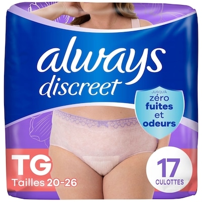 Always Culottes d’incontinence et de post-partum pour adultes, protègent jusqu’à 100% contre les fuites urinaires, pour femmes, taille tg, 17culottes 17 ea, 1,47 $/1ch