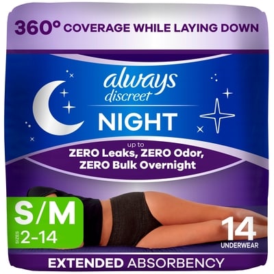 Always Adult Incontinence Overnight Underwear For Women, S/M, Up To 100% Bladder Leak Protection, 14 Ct 14 ea, $1.71/1ea