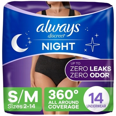 Always Adult Incontinence Overnight Underwear For Women, S/M, Up To 100% Bladder Leak Protection, 14 Ct 14 ea, $1.79/1ea
