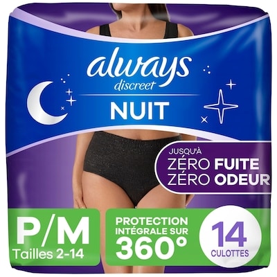 Always Culottes d’incontinence de nuit pour adultes, pour femmes, protègent jusqu’à 100 % contre les fuites urinaires, taille p/m, 14 culottes 14 ea, 1,79 $/1ch