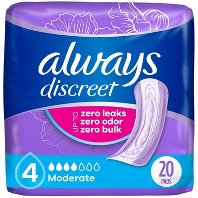Always Adult Incontinence Pads For Women, Moderate Absorbency, Regular Length, Postpartum Pads, 20 Ct 20 ea, $0.39/1ea