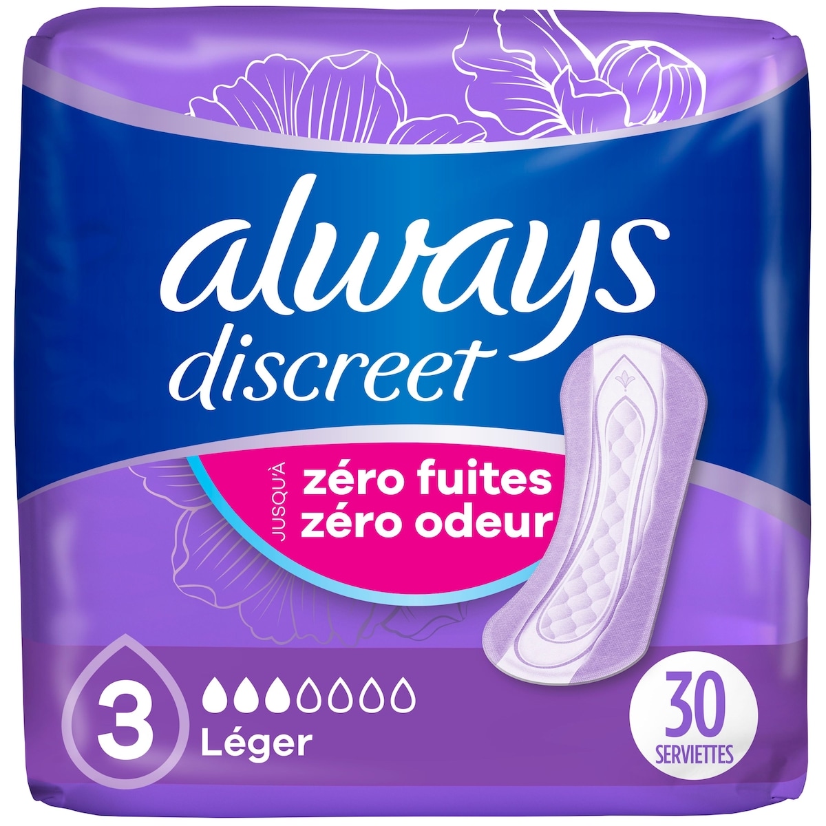 Always Serviettes d’incontinence et de post-partum, régulières, degré d’absorption léger, pour femmes, 30 serviettes 30 ea, 0,27 $/1ch