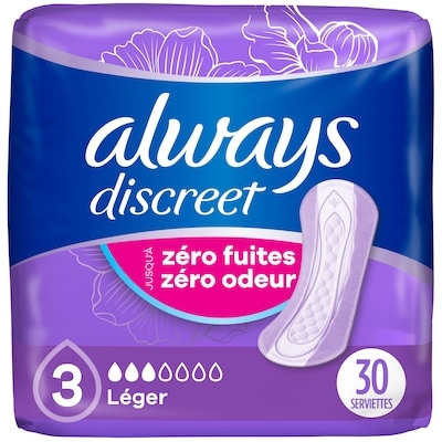 Always Serviettes d’incontinence et de post-partum, régulières, degré d’absorption léger, pour femmes, 30 serviettes 30 ea, 0,27 $/1ch