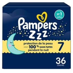 Pampers Couches de nuit ZZZ, taille 7 (19 kg et plus [41 lb et plus]), couches jetables pour bébés, protection pendant la nuit, 36 couches 36 ea, 0,94 $/1ch