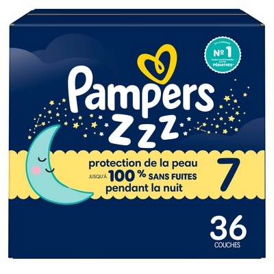 Pampers Couches de nuit ZZZ, taille 7 (19 kg et plus [41 lb et plus]), couches jetables pour bébés, protection pendant la nuit, 36 couches 36 ea, 0,81 $/1ch