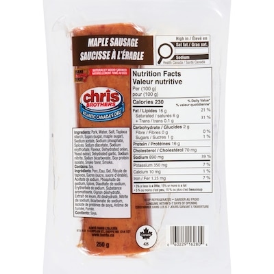 Chris Brothers Maple Sausage 250 g, $2.52/100g