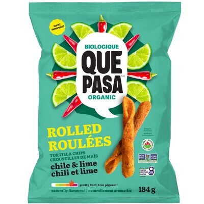 Que Pasa Croustilles de maïs biologiques roulées chili et lime 184 g, 3,26 $/100g
