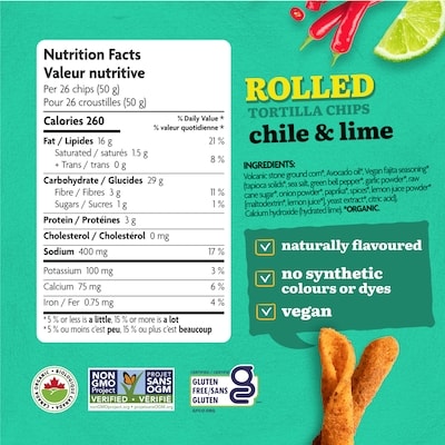 Croustilles de maïs biologiques roulées chili et lime sac de 184 g