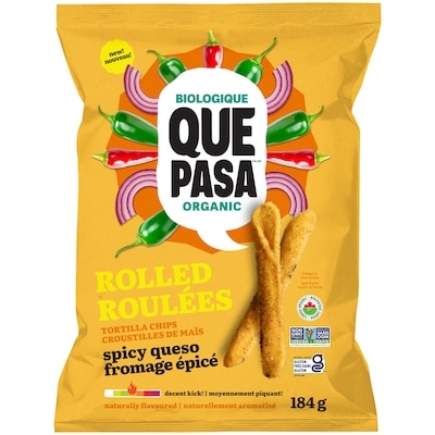 Que Pasa Croustilles de maïs biologiques roulées fromage épicé 184 g, 3,26 $/100g