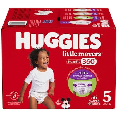 Huggies Couches pour bébés HuggFit 360° de Little Movers, taille 5, 56 unités 56 ea, 0,64 $/1ch